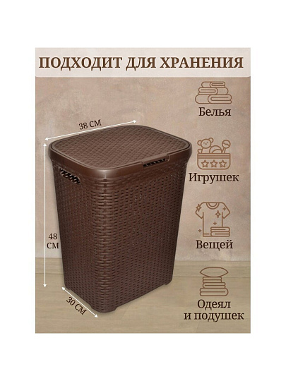 Корзина для белья, 40 л, 30х38х48 см, прямоугольная, плетеная, пластик, коричневая, с крышкой, Violet, Ротанг, 184001