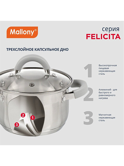 Кастрюля нержавеющая сталь, 2 л, крышка стекло, силиконовые ручки, Mallony, Felicità, 009386, индукция