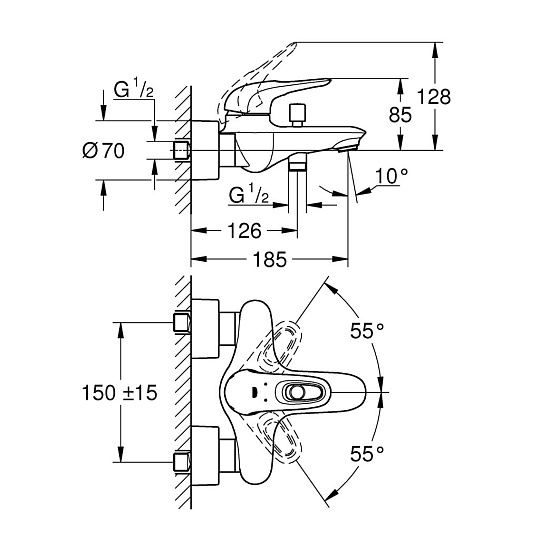 Смеситель для ванны, Grohe, Eurostyle, короткий излив, с картриджем, хром, 33591003