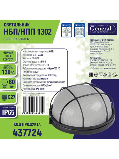 Светильник под лампу General Lighting Systems, ЖКХ 1302 НБП/НПП, 60 Вт, E27, на 1 лампочку, IP65, 19х17.6х8.2 см, с решеткой, черный, GCF-O-E27-60-IP65