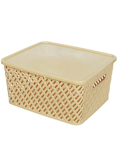 Корзина для хранения, 35х29х17.5 см, прямоугольная, плетеная, пластик, бежевая, с крышкой, Альтернатива, Плетенка, М3557