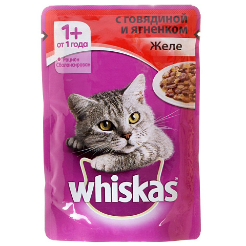 Корм для животных Whiskas, 85 г, для взрослых кошек 1+, кусочки в желе, говядина/ягнятина, пауч, 47882/7731