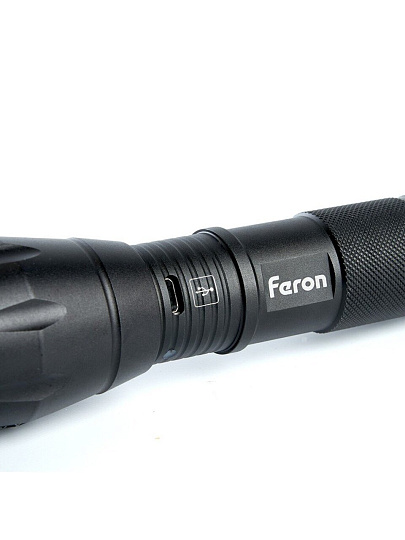 Фонарь ручной, встроенный аккумулятор, Feron, TH2400, зарядка от USB, алюминий, режим SOS, USB ZOOM, 41682