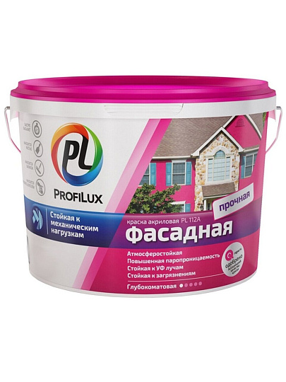 Краска водно-дисперсионная, Profilux, PL-112A, акриловая, фасадная, моющаяся, влагостойкая, матовая, супербелая, 14 кг
