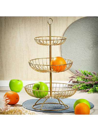 Ваза для фруктов, 3 яруса, металл, на ножке, 30х30х46 см, Y4-7626, золотая