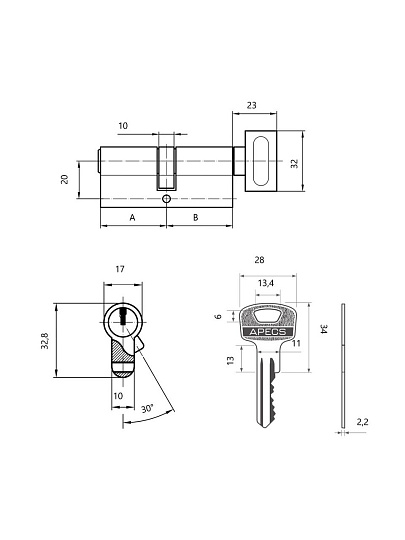 Личинка замка двери Apecs, SC-80(35C/45)-Z-C-NI/SC-80(35C/45)-C-NI, 9060, 80 мм, никель