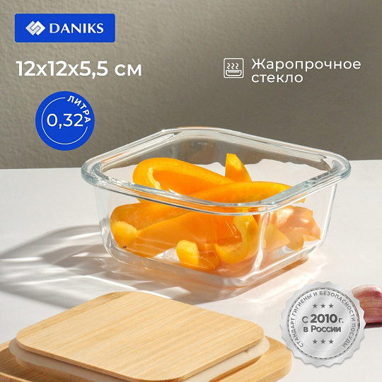 Контейнер пищевой жаропрочное стекло, 320 мл, 12х12х5.5 см, прямоугольный, с бамбуковой крышкой, Y4-6573