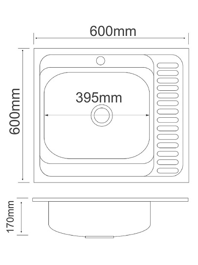 Мойка кухонная накладная, РМС, нержавеющая сталь, 600х600 мм, 0.6 мм, левый + сифон, MG6-6060L