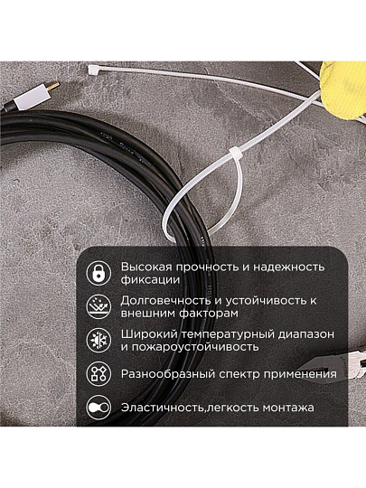 Хомут стяжной кабельный, 2.5х200 мм, нейлон, 100 шт, белый, Rexant, 07-0200-4