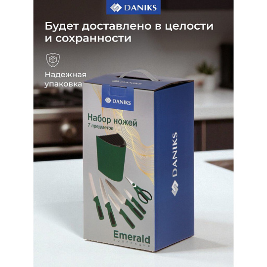 Набор ножей 7 предметов, 20, 20, 12.5, 20, 9 см, зеленый, нержавеющая сталь, рукоятка пластик, с подставкой, пластик, Daniks, Emerald, S-K42635-T7B