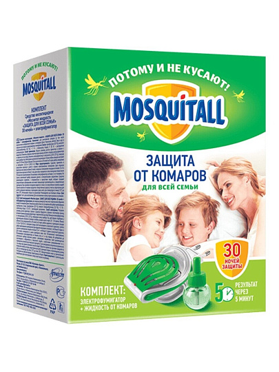 Репеллент от комаров, фумигатор с жидкостью, 30 ночей, Mosquitall, Защита для всей семьи, 30 мл