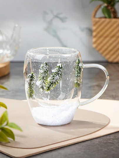 Кружка стекло, 340 мл, Еловая ветвь, двойные стенки, в индивидуальной упаковке, B060750