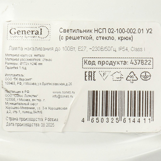 Светильник General Lighting Systems, НСП 02-100-002.01, 100 Вт, E27, на 1 лампочку, IP54, 24.6х24.6х17.2 см, с решеткой, 437822