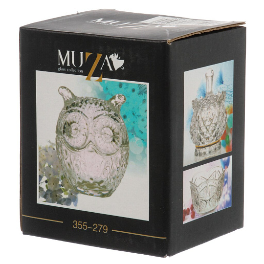 Икорница стекло, Muza, Сова, 60 мл, 7х6.5х8 см, с крышкой, на подставке, 355-279