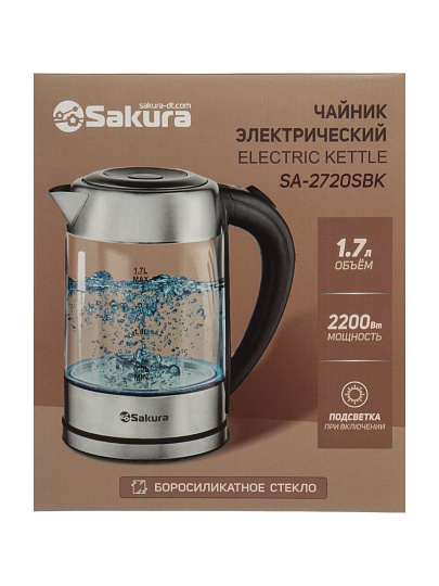 Чайник электрический Sakura, SA-2720SBK, 1.7 л, 1850-2200 Вт, скрытый нагревательный элемент, стекло