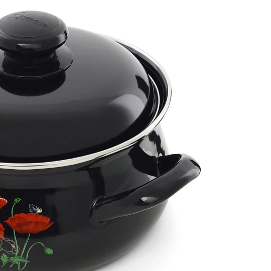 Кастрюля эмалированная сталь, 4.5 л, крышка сталь, индукция, круглая, Эстет, Красные маки, ЭТ-72858, черная, индукция