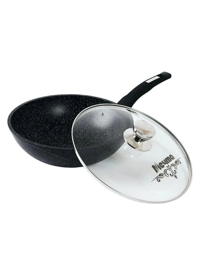 Сковорода-вок литой алюминий, 28 см, антипригарное покрытие, Мечта, Гранит black, с крышкой, с78802