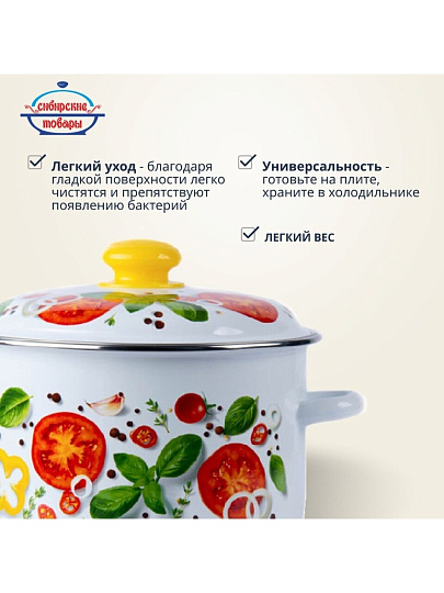 Кастрюля эмалированная сталь, 2 л, крышка сталь, цилиндрическая, Сибирские товары, Каприче, 3MD161P, белая, индукция