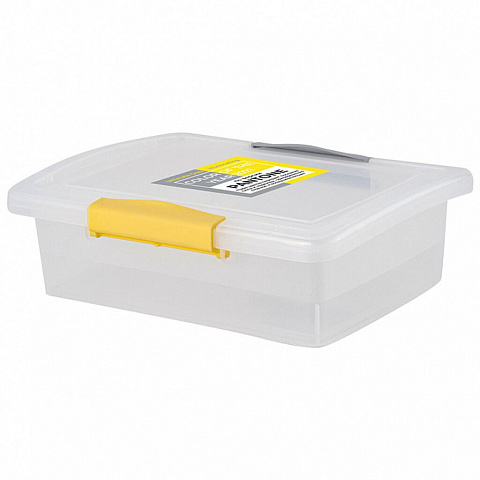 Ящик для хранения, 1.25 л, 21.5х16х6.5 см, с крышкой, прозрачный с защелками, желтый, серый, BranQ, Laconic mini, BQ2493ЖТСЕР