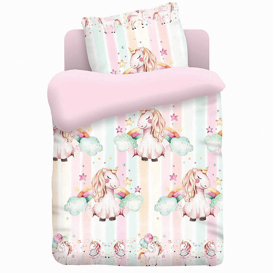 Постельное белье детское 1.5-спальное, простыня 110х150 см, 1 наволочка 40х60 см, пододеяльник 112х147 см, Непоседа, поплин, Единорожки 477213