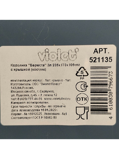 Корзина для хранения, 3 л, 23.5х17.3х10.5 см, прямоугольная, пластик, космик, с крышкой, Violet, Береста, 521135
