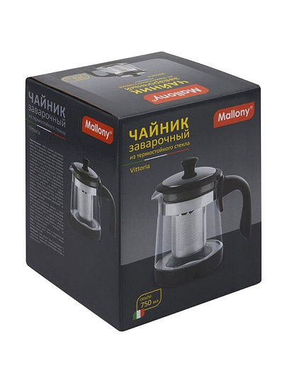 Чайник заварочный стекло, нержавеющая сталь, 0.75 л, с ситечком, с комбинированной ручкой, Mallony, Vittoria, 910140