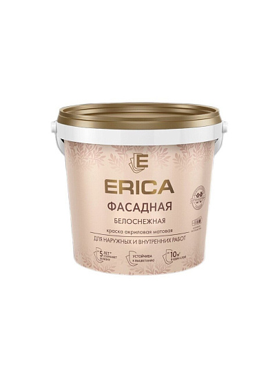 Краска водно-дисперсионная, Erica, акриловая, фасадная, моющаяся, влагостойкая, матовая, белая, 1.4 кг