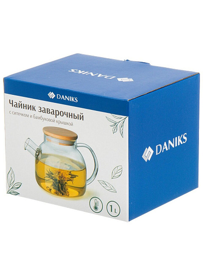 Чайник заварочный стекло, 1 л, с ситечком, с бамбуковой крышкой, Daniks, SXH08
