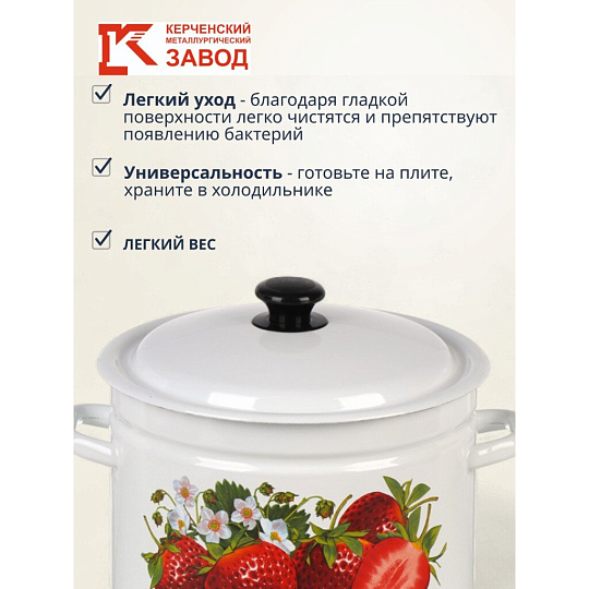 Кастрюля эмалированная сталь, 8 л, крышка сталь, цилиндрическая, Керченский металлургический завод, Клубника садовая, 41804-202/6-У2