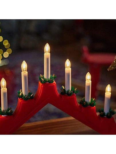 Подсвечник декоративный пластик, 41х29.5 см, красный, Uniel, 7 миниламп, белый свет, UL-00007387