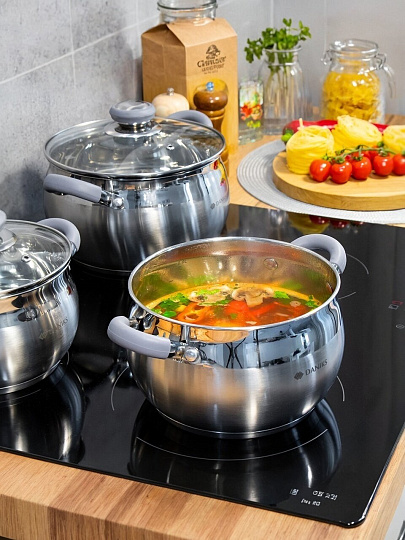 Кастрюля нержавеющая сталь, 2.9 л, крышка стекло, Daniks, Модерн серый, SD-18N, индукция