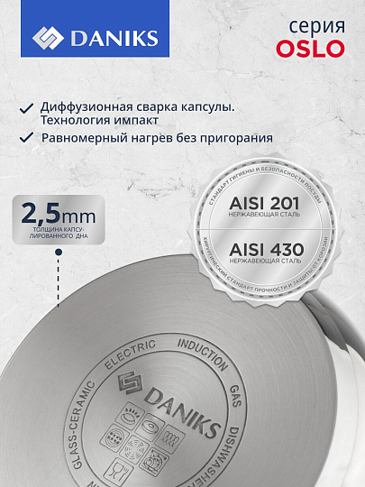 Набор посуды нержавеющая сталь, 10 предметов, кастрюли 2.9,3.9,6 л, ковш 2.1 л, сковорода 24 см, индукция, Daniks, Осло, GS-01147-10PC