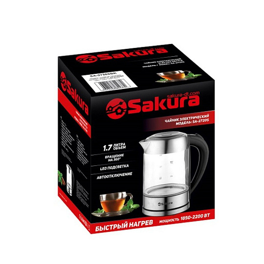 Чайник электрический Sakura, SA-2720SBK, 1.7 л, 1850-2200 Вт, скрытый нагревательный элемент, стекло