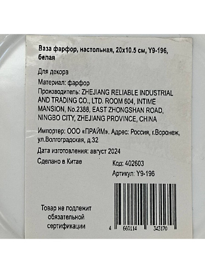Ваза фарфор, настольная, 20х10.5 см, Y9-196, белая