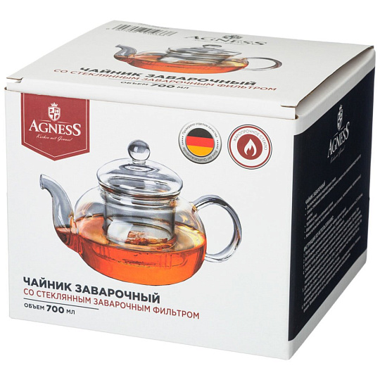 Чайник заварочный стекло, 0.7 л, с ситечком, Agness, 891-033