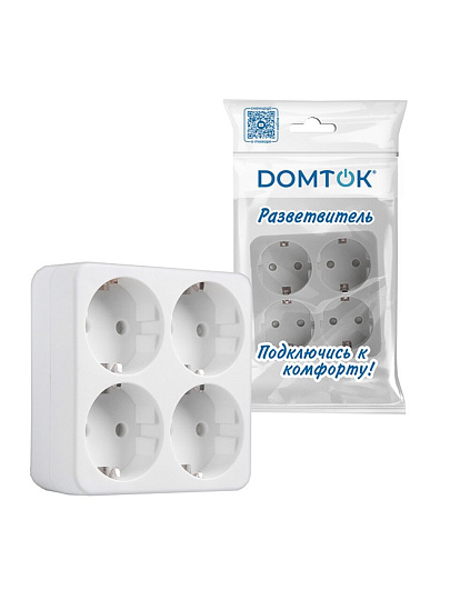 Разветвитель 4 гнезда, с заземлением, прямоугольный, 16 А, 250 В, 3500 Вт, Domtok, 2661