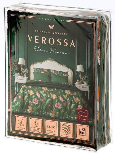 Постельное белье евро, простыня 220х240 см, 2 наволочки 70х70 см, 2 наволочки 50х70 см, пододеяльник 200х220 см, Verossa, сатин, молния, Wild tulip
