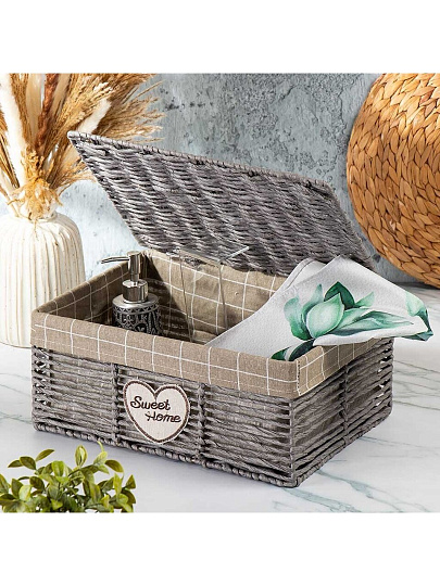 Корзина 38х28х17 см, прямоугольная, плетеная, полимер, с крышкой, Y4-7630