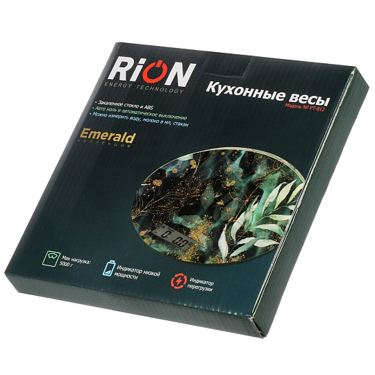Весы кухонные электронные, стекло, Rion, Эмеральд, точность 1 г, до 5 кг, LCD-дисплей, PT-812