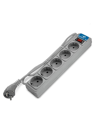 Сетевой фильтр 5 гнезд, 1.8 м, ПВС, 3х1 мм², с заземлением, 10 А, выключатель с индикацией, серый, Domtok, 2532