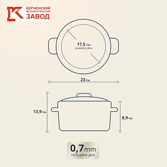 Кастрюля эмалированная сталь, 1.5 л, крышка стекло, с декором, сферический, Керченский металлургический завод, Сомелье, 61904-082/4.02