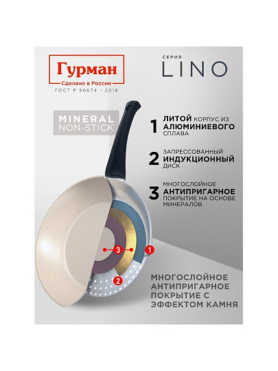 Сковорода литой алюминий, 24 см, антипригарное покрытие, Гурман, Lino, индукция, ГМ2401ЛИ