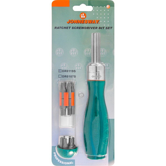 Отвертка трещеточная, 19 предметов, Jonnesway, 200 мм, CrV сталь, с битами, блистер, DR0119S, 48819