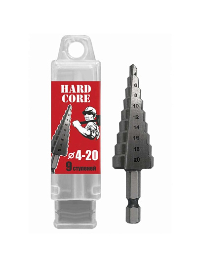 Сверло по металлу, шаговое, Hardcore, 4-20 мм (9 ступ.), шестигранник, 142420