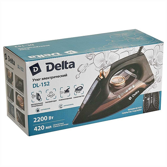 Утюг Delta, DL-152, 2200 Вт, керамика, антинакипь, 1.9 м, черный с золотым