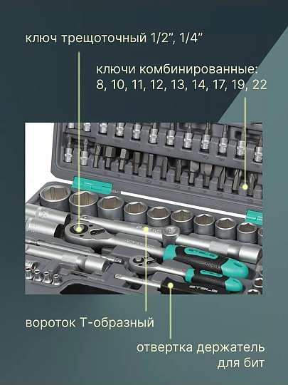 Набор слесарных инструментов Stels, 14106, 1/2", 1/4", сталь, кейс, 94 предмета