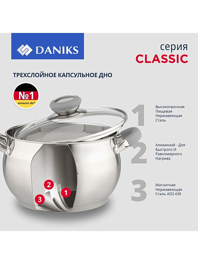 Кастрюля нержавеющая сталь, 2 л, крышка стекло, Daniks, Модерн серый, SD-16N, индукция