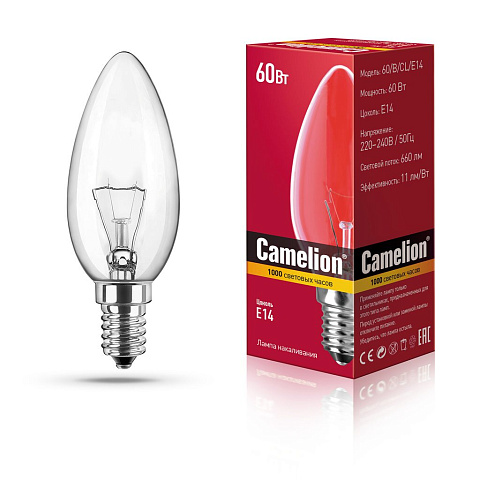 Лампа накаливания с прозрачной колбой, свеча MIC Camelion 60/B/CL/E14