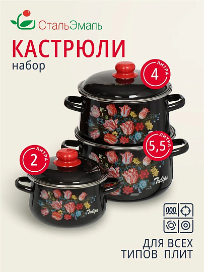 Набор посуды эмалированная сталь, 6 предметов, кастрюли 2,4,5.5 л, индукция, СтальЭмаль, Букет тюльпанов, 1с408