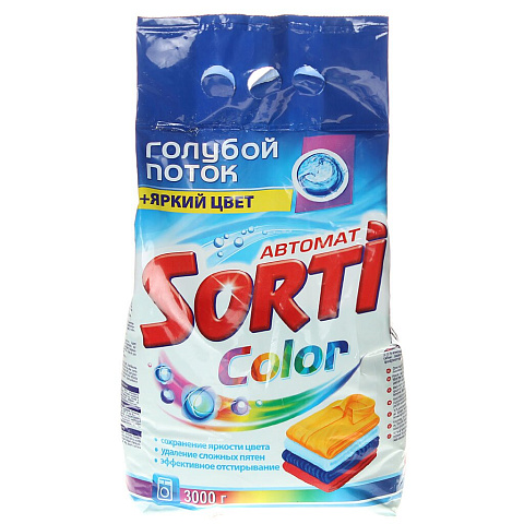 Стиральный порошок Sorti, 3 кг, автомат, для цветного белья, Color